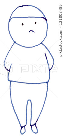 Line drawing illustration of a child standing and looking up with a pout, handwritten_ fountain pen blue-black dye ink Line drawing illustration of a child standing and looking up with a pout, handwritten_ fountain pen blue-black dye ink 121808489
