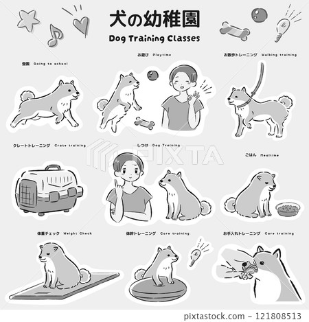 狗幼兒園的圖像插圖（訓練班、訓狗師、狗學校） 121808513
