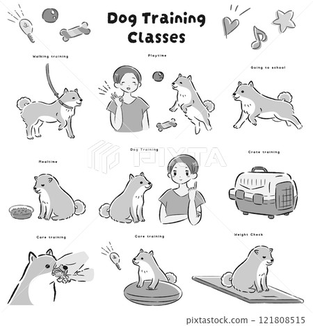Illustration of a dog kindergarten (training class, dog trainer, dog school) 121808515