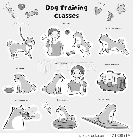 Illustration of a dog kindergarten (training class, dog trainer, dog school) 121808519
