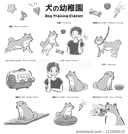 Illustration of a dog kindergarten (training class, dog trainer, dog school) 121808520