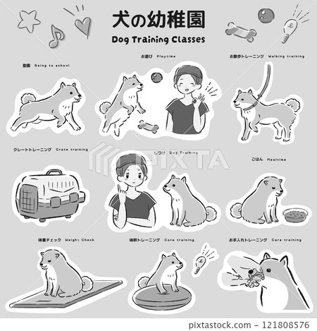 Illustration of a dog kindergarten (training class, dog trainer, dog school) 121808576