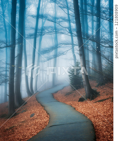 Autumn Pathway Through Misty Forest 121808909