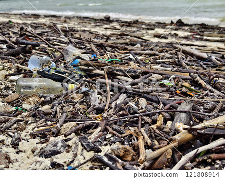 A beach heavily littered with wood and plastic A beach heavily littered with wood and plastic 121808914