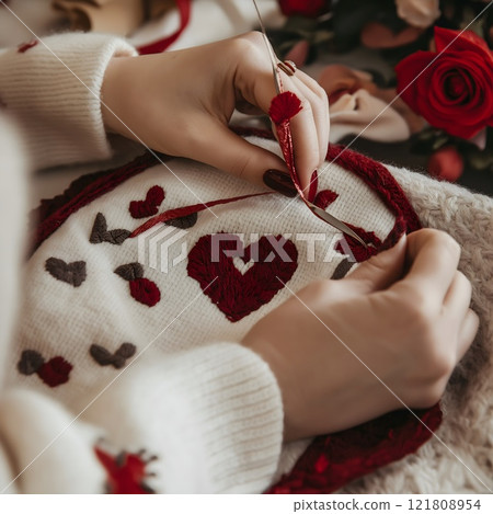 close-up of hands adding a red heart detail to a knitted sweater. 121808954