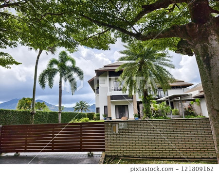 Detailed view of windows, doors and balconies of city buildings  121809162