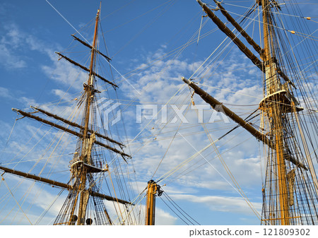 Ropes stretched across the masts of an old ship Ropes stretched across the masts of an old ship 121809302