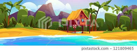 Tropical beach hut panorama 121809465