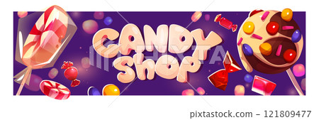 Candy shop banner design with text Candy shop banner design with text 121809477
