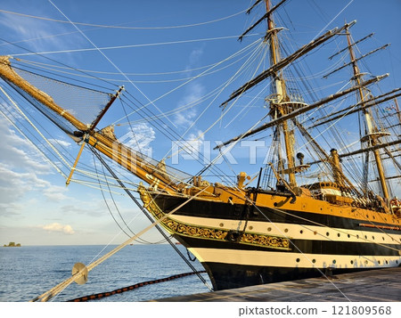 A large old ship at pier under a beautiful blue sky 121809568