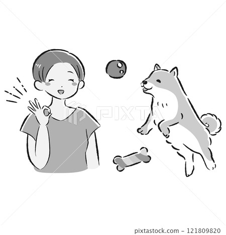 Illustration of a dog and its owner playing with a toy Illustration of a dog and its owner playing with a toy 121809820