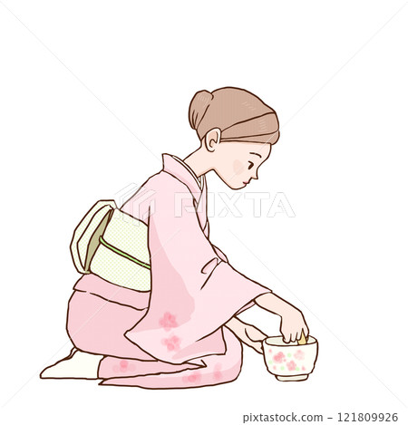 一位婦女在茶道中泡茶 121809926