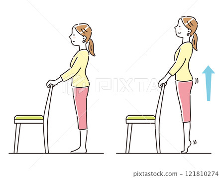 Young woman stretching her legs using a chair 121810274