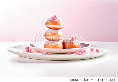 Appetizing stack of three doughnuts, generously dusted with powdered sugar and artistically adorned with pink spherical candies 121810483