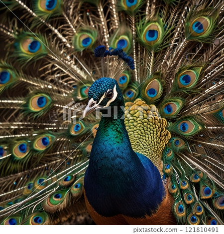 Vibrant peacock showcasing its colorful feathers in full display.  121810491