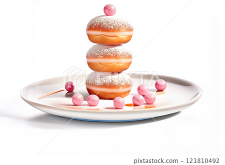 Appetizing stack of three doughnuts, generously dusted with powdered sugar and artistically adorned with pink spherical candies 121810492