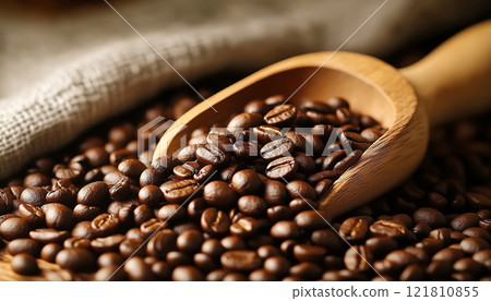 Macro Shot of Coffee Beans Spilling from Wooden Scooper with Soft Shadows 121810855