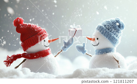 Cheerful Snowmen Exchanging a Gift in a Serene Winter Wonderland Scene 121811207