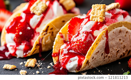 Delicious Strawberry Shortcake Tacos Drizzled With Strawberry Sauce 121811213