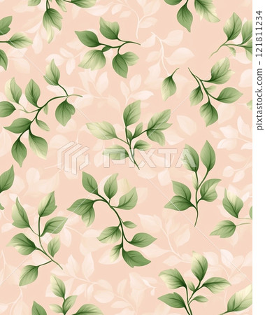 Botanical patterns featuring soft green leaves on a light pink background for natural-themed designs 121811234
