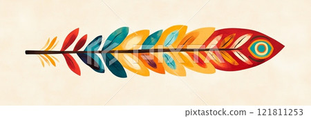 Stylized feather art featuring intricate details in vibrant red, yellow, and turquoise against a beige backdrop 121811253