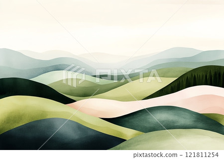 Soft gradient landscape showcasing natural tones of pink and deep green, evoking tranquility and calmness in nature 121811254