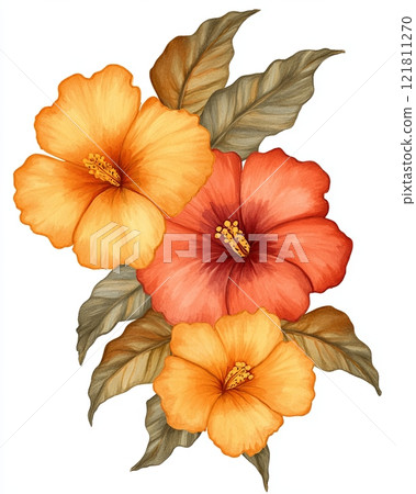 Tropical flowers and leaves illustration in vibrant shades of pink and orange for summer design projects 121811270
