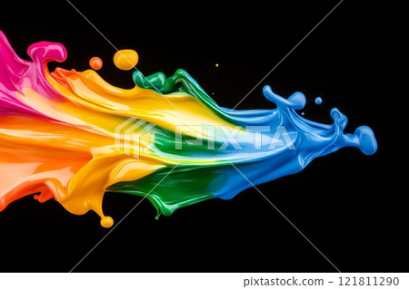 Dynamic rainbow color splash against a black background with glowing energy effect 121811290
