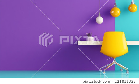 Modern office space featuring bold color accents with a bright yellow chair and purple walls for a vibrant atmosphere 121811323