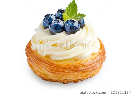 Delicate Danish pastry topped with blueberry and cream cheese swirl for a fresh dessert experience 121811324