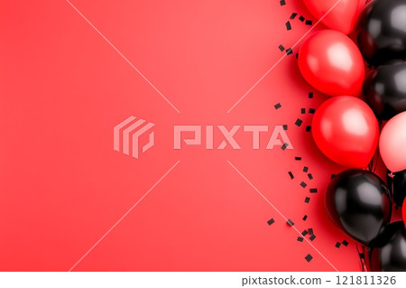 Bold Black Friday sale background featuring 50 percent off text with vibrant red and black balloons and confetti 121811326