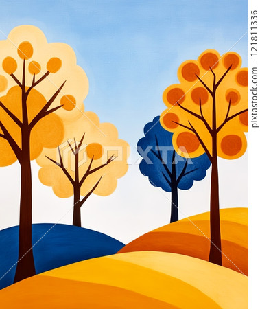 Autumn landscape with colorful trees and gentle hills under a serene blue sky 121811336