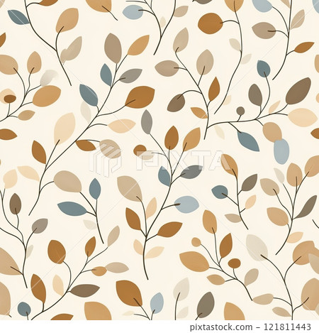 Hand-drawn botanical patterns in earthy tones on vintage soft beige background perfect for eco-friendly branding Hand-drawn botanical patterns in earthy tones on vintage soft beige background perfect for eco-friendly branding 121811443