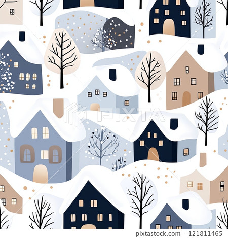 Charming winter landscape with snow-covered houses and cozy lights glowing in the windows Charming winter landscape with snow-covered houses and cozy lights glowing in the windows 121811465