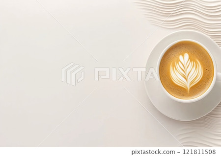 Artistic coffee cup with elegant foam art on a muted background showcasing modern coffee culture 121811508