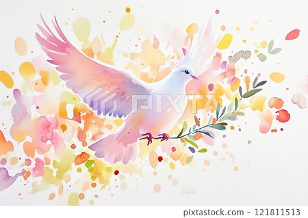 A vibrant watercolor dove soaring with an olive branch surrounded by colorful splashes representing modern peace 121811513