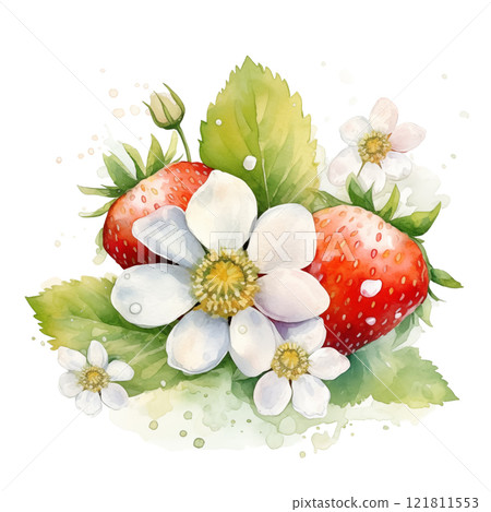 Watercolor illustration of ripe strawberries, green leaves, and white flowers isolated on white background. Watercolor illustration of ripe strawberries, green leaves, and white flowers isolated on white background. 121811553