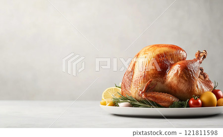 Perfectly Roasted Turkey with Fresh Vegetables on a White Plate 121811598