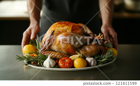 Roasted Whole Turkey on Platter with Fresh Vegetables and Garnishes 121811599