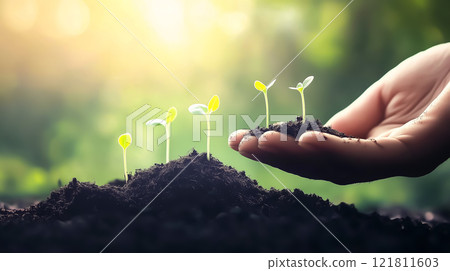 Hand Holding Soil With Green Sprouts Against Blurred Nature Background 121811603