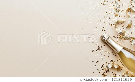 Minimalist Celebration Banner with Champagne Bottle, Confetti, and Ribbons Minimalist Celebration Banner with Champagne Bottle, Confetti, and Ribbons 121811639