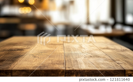 Wooden Tabletop with Blurred Modern Restaurant Interior for Product Display Wooden Tabletop with Blurred Modern Restaurant Interior for Product Display 121811640