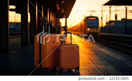Travel Suitcases at Railway Station with Train in Background in Summertime Scene 121811665