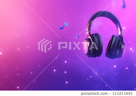 Cosmic-themed background featuring headphones and music notes in a vibrant and abstract design 121811691