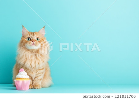Fluffy Maine Coon cat curiously nibbling a cupcake against a soft blue backdrop in a cozy studio setting 121811706