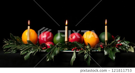 A striking Kwanzaa display highlights a kinara adorned with colorful fruits and subtle decorations A striking Kwanzaa display highlights a kinara adorned with colorful fruits and subtle decorations 121811753