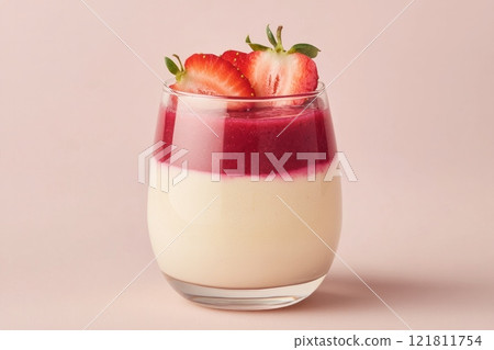 Enjoy a luxurious glass of layered strawberry panna cotta with fruit coulis and fresh strawberries in a modern setting 121811754