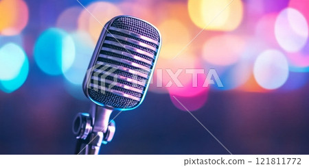 Vintage microphone in neon reflections with smoky ambiance and soundwave patterns creating a retro musical atmosphere 121811772