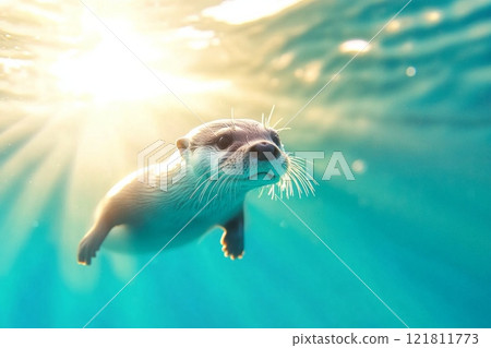 A playful otter swims gracefully under clear water with sunlight shimmering above in a tranquil aquatic environment A playful otter swims gracefully under clear water with sunlight shimmering above in a tranquil aquatic environment 121811773