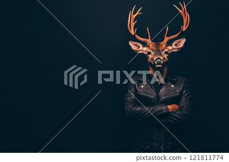 Punk deer stands confidently in a dark studio, showcasing unique style and attitude with bold antlers 121811774